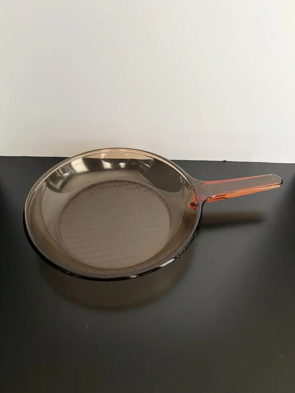 Vintage Corning Visions France Amber 10” Waffle Bottom Glass Fry Pan Skillet
